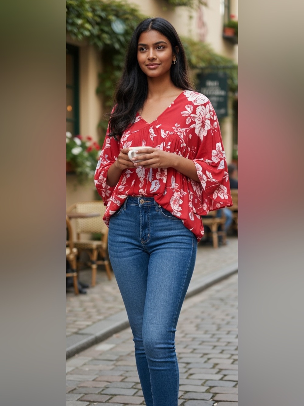 Free People Floral Top/ Mini Dress Red with White Print L - Picture 3 of 8